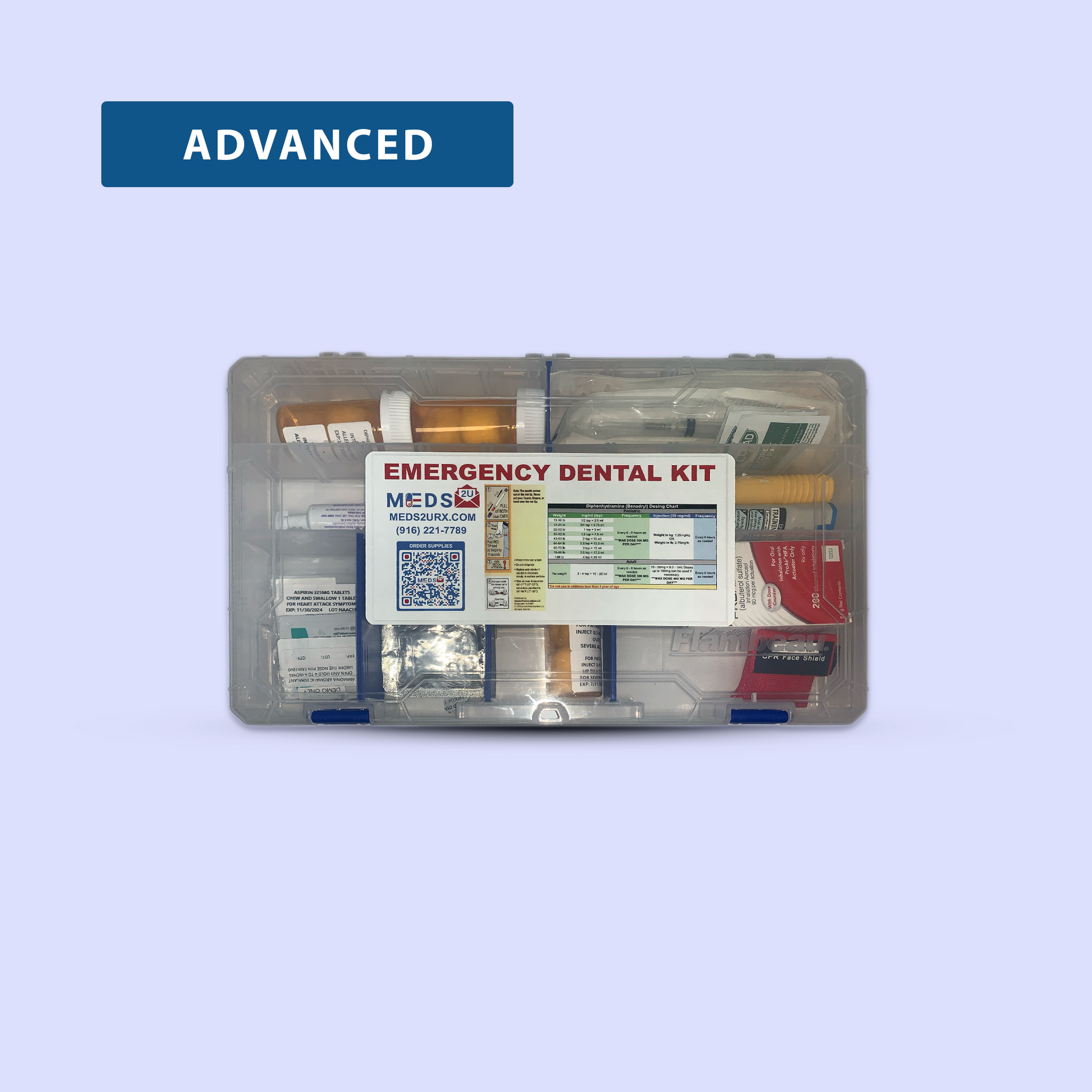 Advanced Emergency Dental Kit - Two ready to go epinephrine pens (adult and pediatric) for quick action.
Includes: Glucose, Albuterol Inhaler, Nitroglycerin Tablets, Aspirin Tablets, Syringes, CPR Shield, Diphenhydramine Injectable, Epinephrine Vial (1) +$29.99, Epinephrine Pen, Epinephrine Pen Jr., and Diphenhydramine Chewable Tablets.