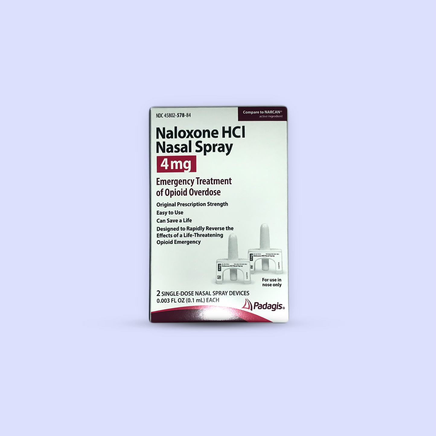 Naloxone Spray
Opioid antagonist. Used for the emergency treatment of known or suspected opioid overdose.