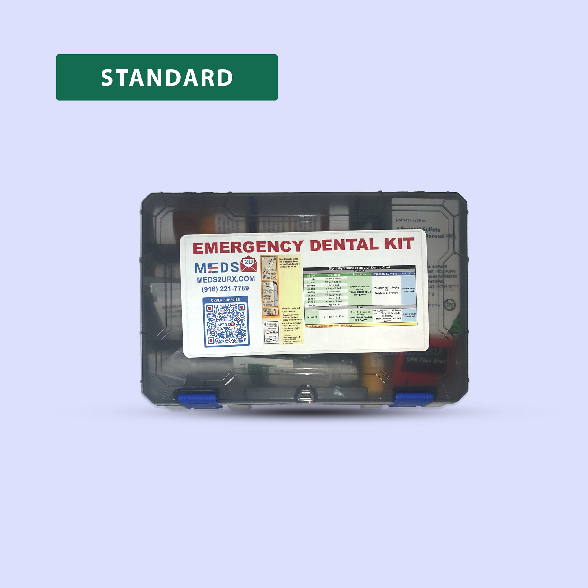 Standard Emergency Dental Kit - One ready to go epinephrine pen and vial for quick action and to draw up.
Includes: Glucose, Albuterol Inhaler, Nitroglycerin Tablets, Aspirin Tablets, Syringes, CPR Shield, Diphenhydramine Injectable, Epinephrine Vial (1), Epinephrine Pen.